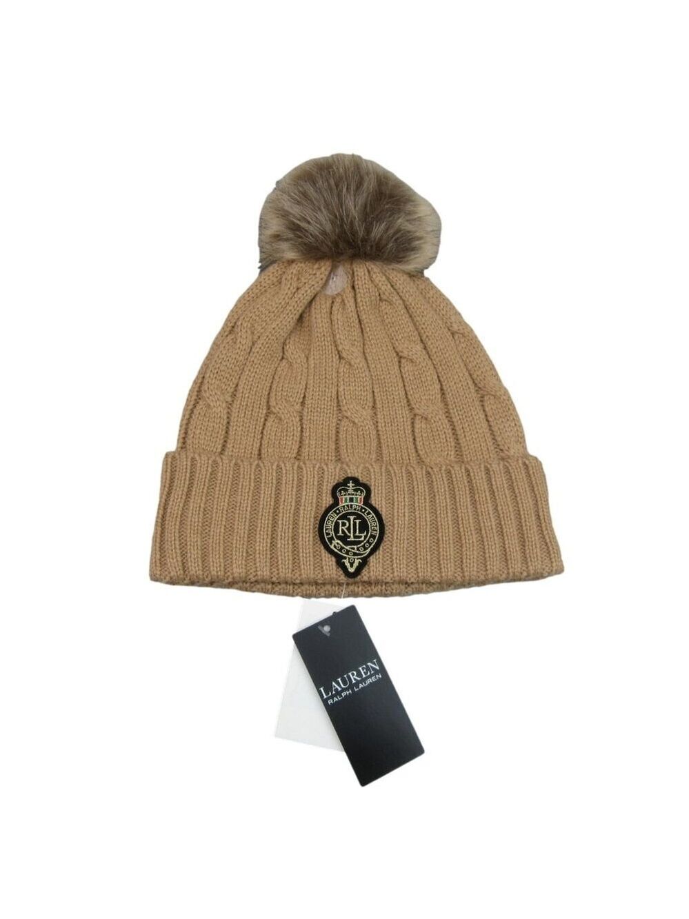 Lauren Ralph Lauren Crest-Patch Pom Pom Cable-Knit Beanie NEW